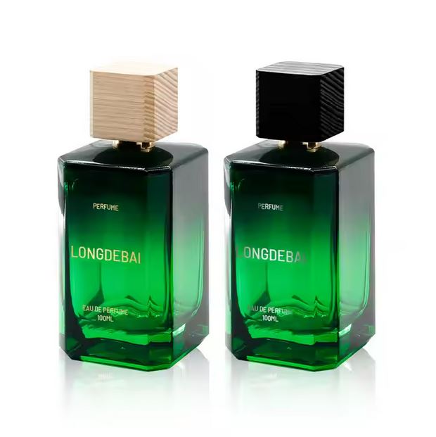 Wholesale square green perfume glass bottle Crimp Spray bottle empty perfume bottle 50ml 100ml with wood cap