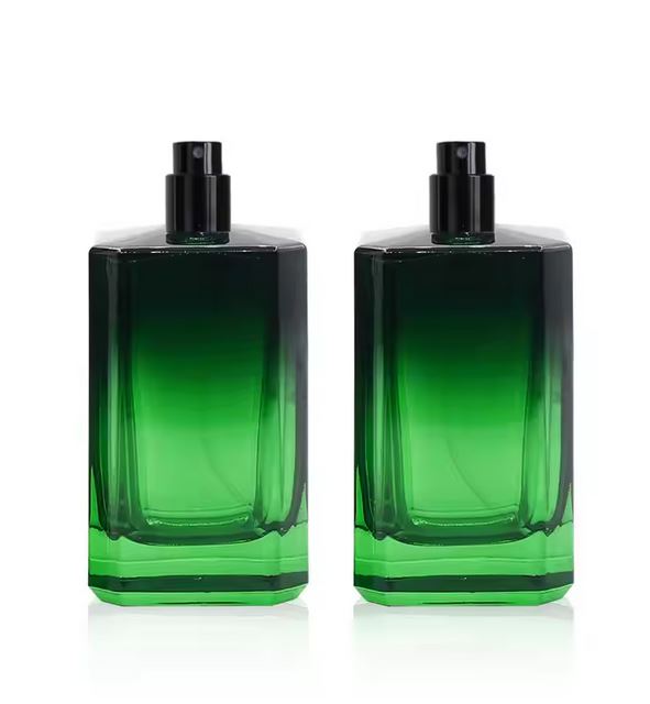 Wholesale square green perfume glass bottle Crimp Spray bottle empty perfume bottle 50ml 100ml with wood cap